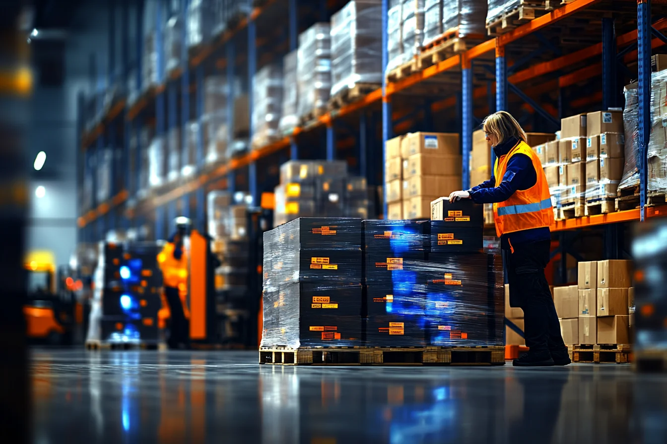 Pracownik w kamizelce odblaskowej przy regale z kartonami i paletami w hali magazynowej